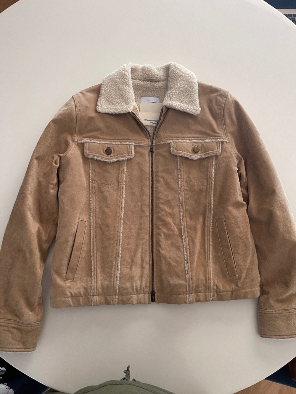 Planet Funk, Beige, 100% suede with cream color fur line trim, size Large